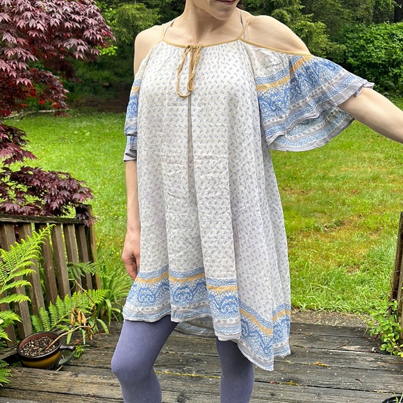 Free People flowing sheer boat neck drop shoulder mini dress white navy brown SP - Picture 1 of 5